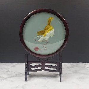 Oriental Silk Embroidered Cat Yarn Wood Glass Vintage